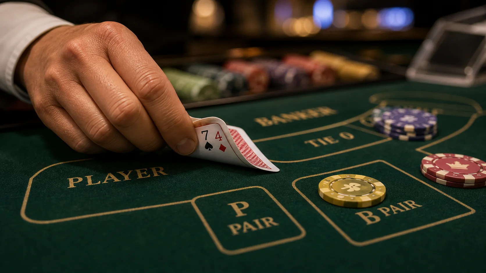 Close-up de baccarat squeeze com carta sendo revelada e fichas na mesa
