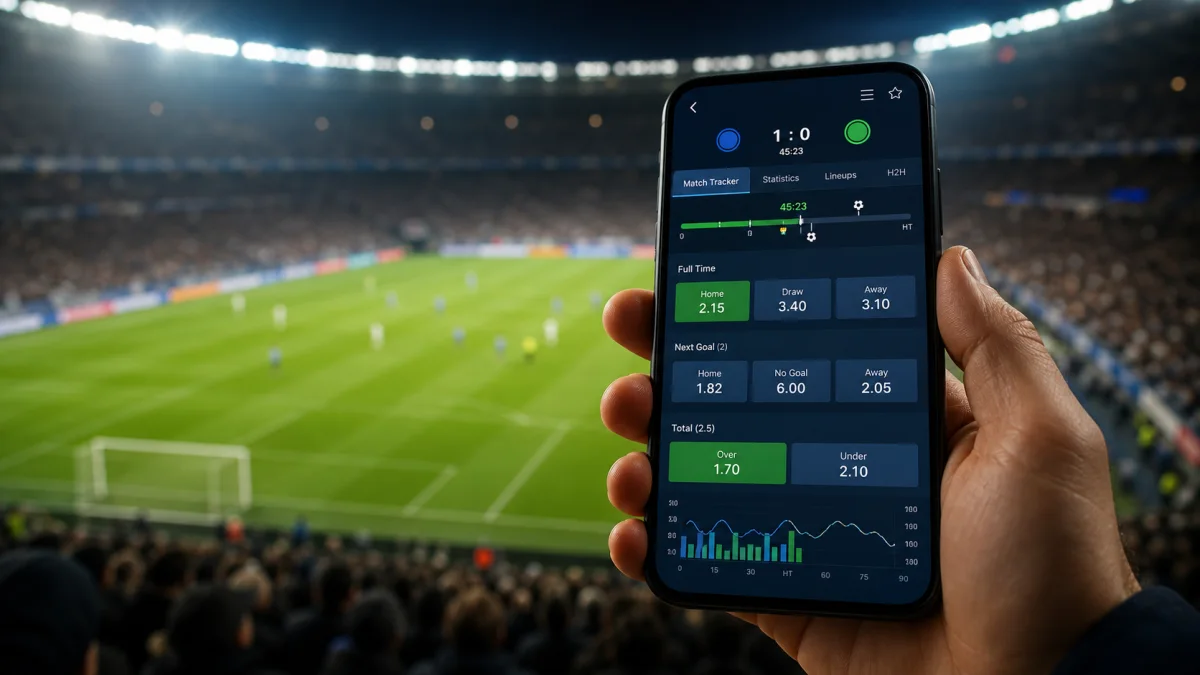 Apostas ao vivo em celular durante partida de futebol com odds dinâmicas
